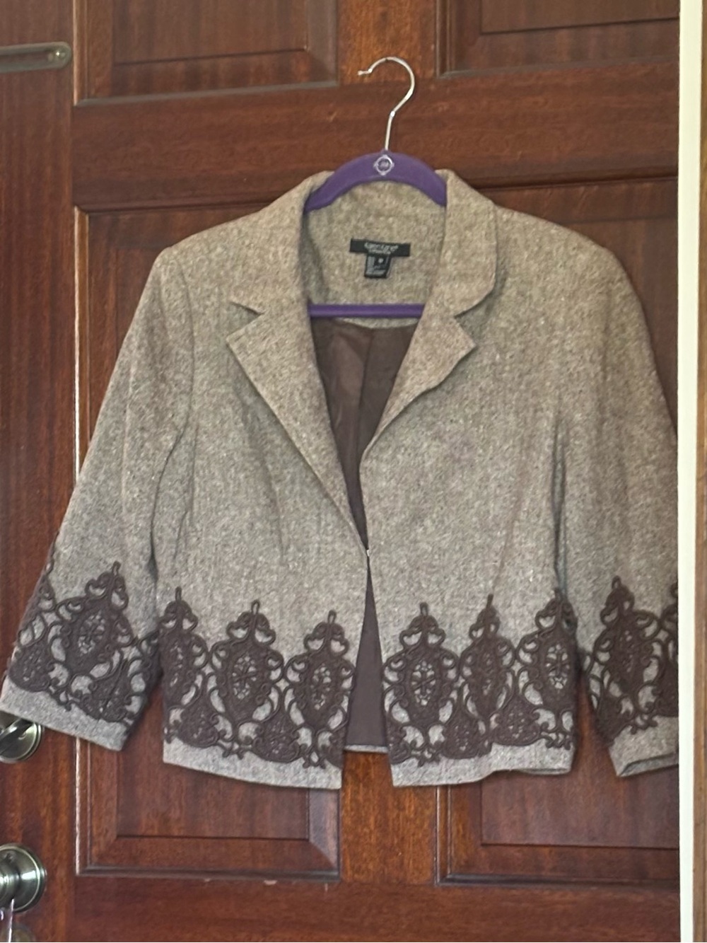 Karen Kane Taupe Cropped Blazer with Dark Brown Embroidery